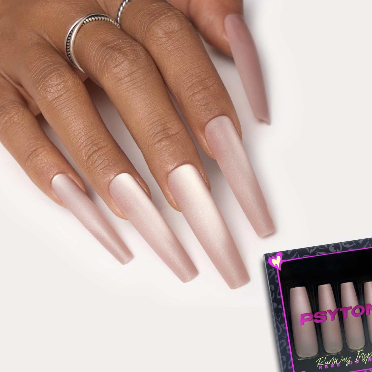 PSYTONE Matte Cat Eye Extra Long Coffin Press On Nails|15 Sizes - 30 Nail, Frosted Nude Pink Reusable Fake Nails Kit with Glue & Tools, Velvet Matt