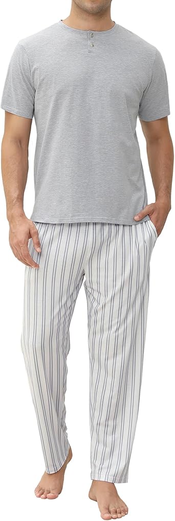 Mens Pajamas Set Cotton Short Sleeve and Pants Mens Sleepwear Mens Pjs Sets Soft Casual Loungewear Set with Pockets