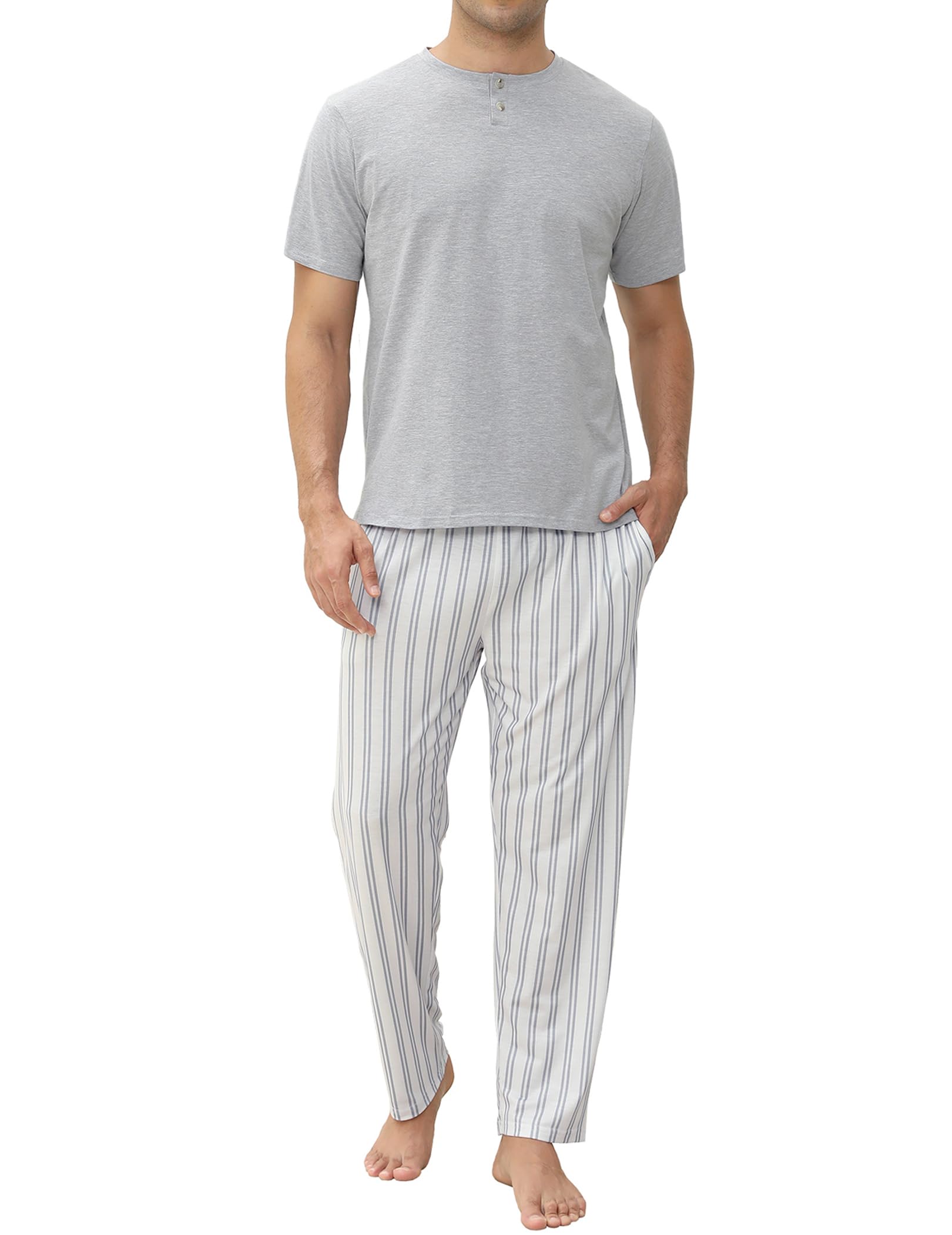 Mens Pajamas Set Cotton Short Sleeve and Pants Men's Sleepwear Mens Pjs Sets Soft Casual Loungewear Set with Pockets-image-19