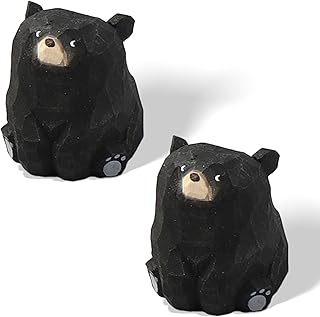 COVRA 2-Pack Handmade Carved Wooden Bear Figurines, 1.4" Sitting Bear Statues, Solid Wood Mini Decor for Bedroom, Office, Playroom, Art Carving Ornament, Gift Idea (Black Bear)