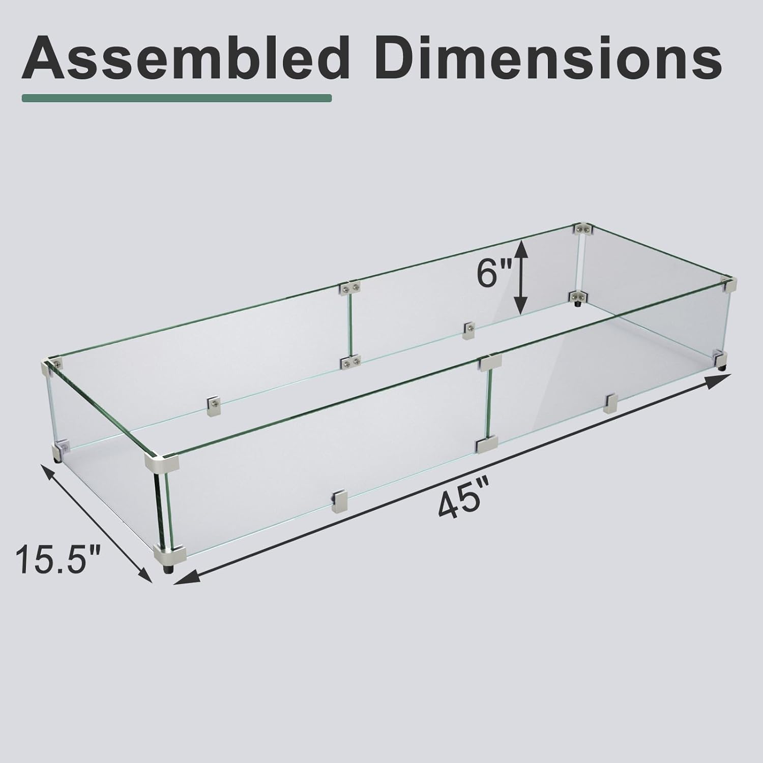 GASPRO 45 x 15.5 Inch Glass Wind Guard for Rectangular Fire Pit Table, Thick and Sturdy Tempered Glass Panel with Hard Aluminum Corner Bracket & Feet, Easy to Assemble