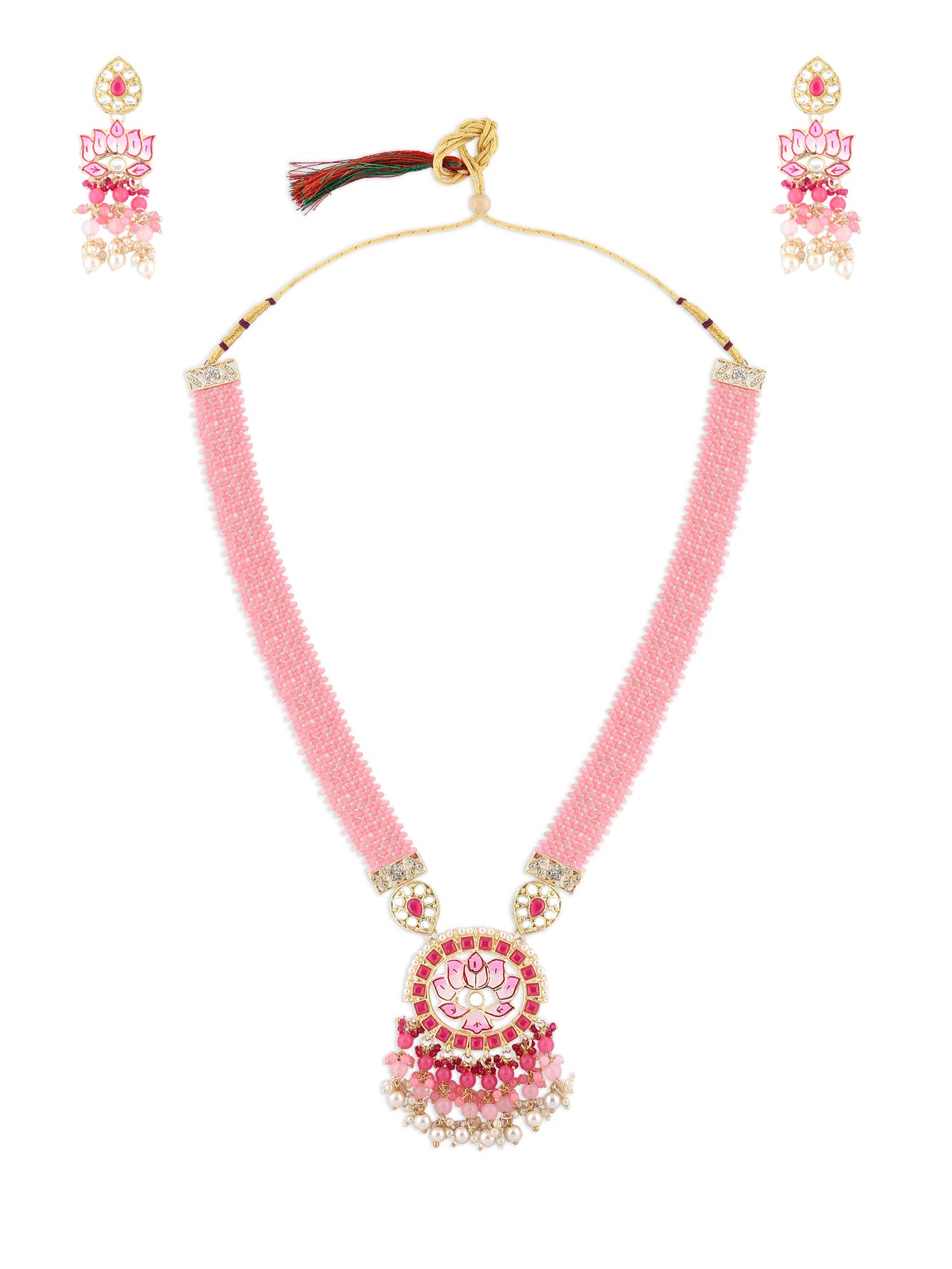 ZAVERI PEARLS Pink Meenakari Lotus Crystal Woven Long Necklace & Earring Set For Women-ZPFK15094 (B0BGSWS4WJ) Amazon Price History, Amazon Price Tracker