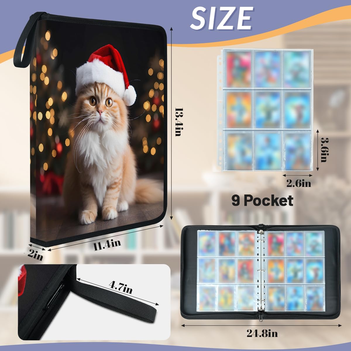 Raccoglitore per carte collezionabili con 9 tasche, motivo natalizio con gatto, con maniche rimovibili, impermeabile, con cerniera, 50 pagine, capacità 900 carte