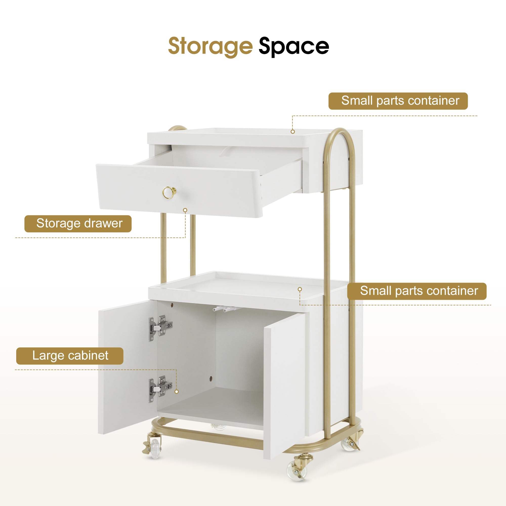 BarberPub Salon Trolley with Universal Wheels, Storage Rolling Cart with Drawer, Barber Shop Tool Organizer for Hair Stylist, SPA Metal Trolley for Storing Skin Cosmetics 2074 (White)