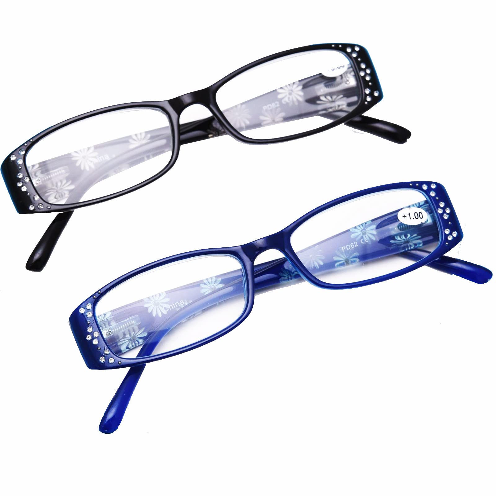 2pack Vintage Square Crystal Bling Reading Glasses Women Rhinestone Eyewear Frames Anti Blue Light Trendy Reader (2pcs-black&blue, 2.5, multiplier_x)