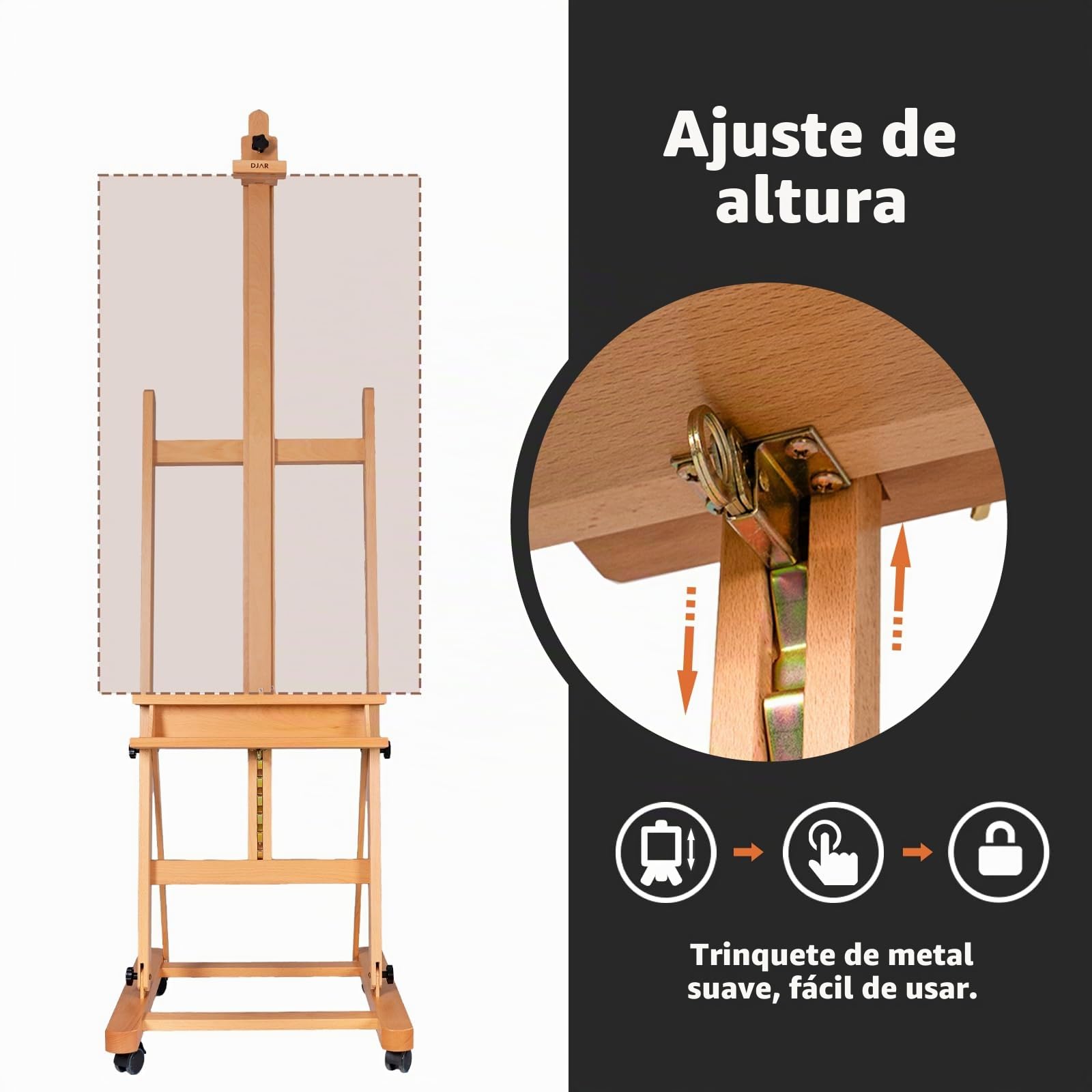 DJAR Caballete de Estudio Grande en H, Soporta Lienzos hasta 236 cm, Caballete de Suelo Ajustable de Haya Maciza con Ruedas 360°, Natural