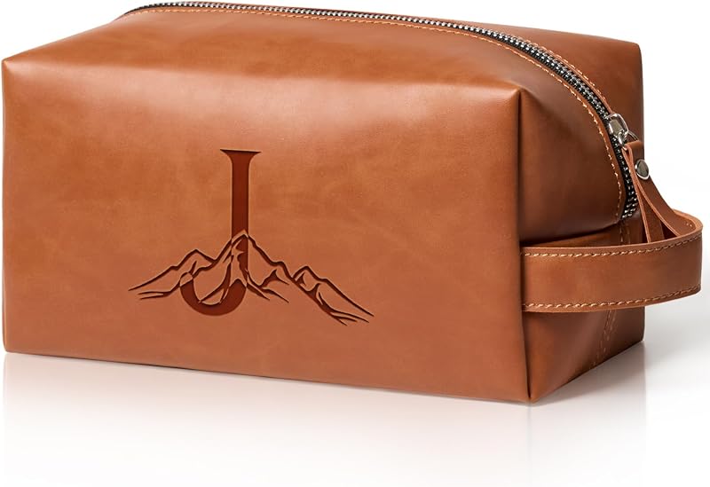 Necessaire de viagem Aganmi em couro PU com estampa de letra e zíper, Light Brown
