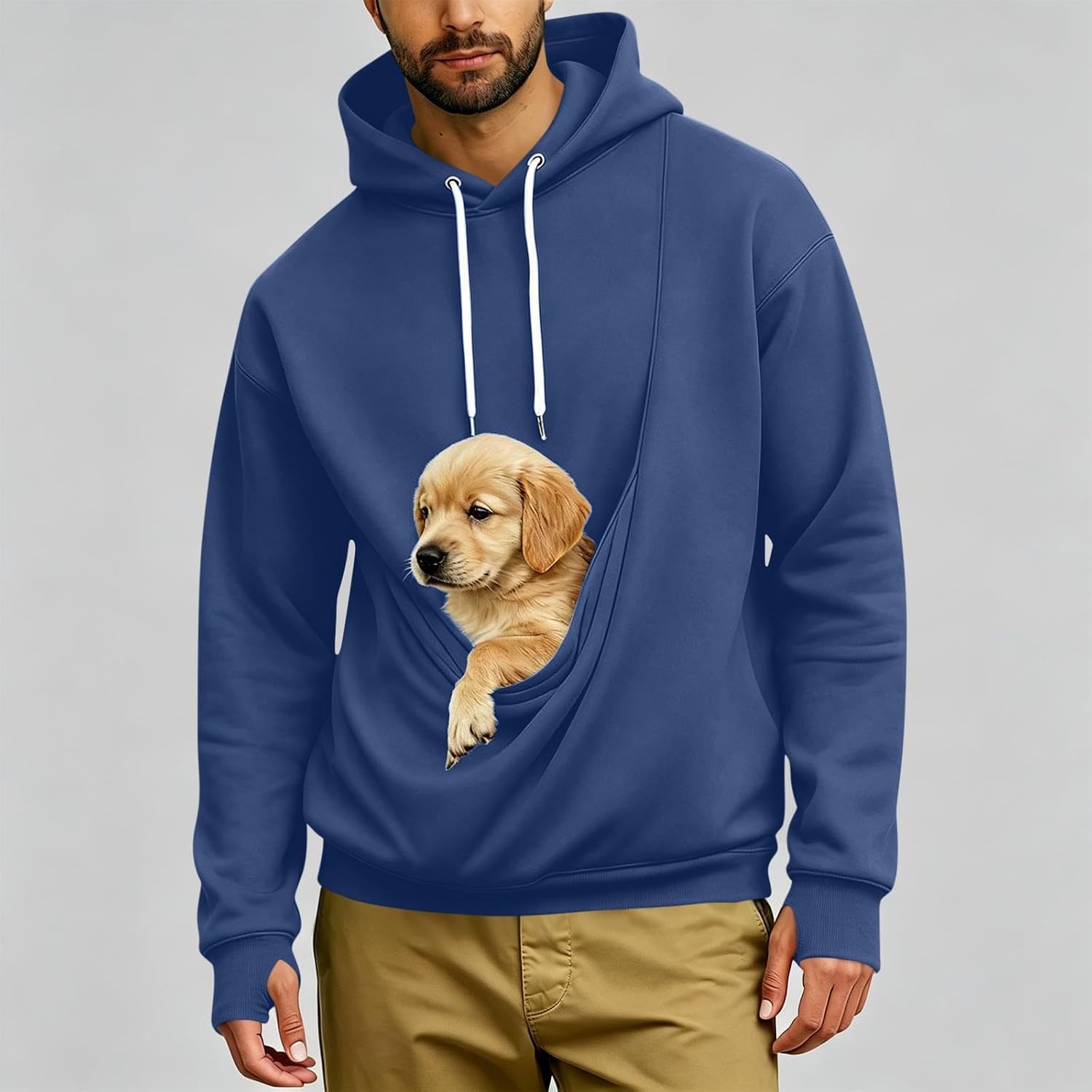 Men's Dog Carrier Hoodie Fleece Pullover Large Pet Pouch Sweatshirt Top | Oversized Front Kangaroo Pet Pocket Holds Puppy Soft Warm Fleece Drawstring Casual Daily Dog Lover Fall Winter Wear