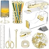 Gold Desk Accessories, Cute Office Supplies and Accessories Set, Acrylic Stapler Set, Staple Remover, Phone Holder, Pen Holder, Scissor, Ruler, Transparent Tape,2 Ballpoint Pen (Gold)