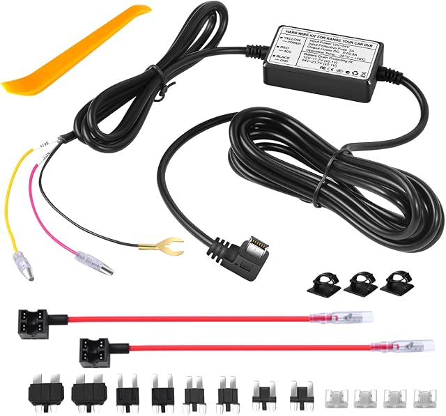 Range Tour Dash Cam Hardwire Kit,12V-24V to 5V Car Dash Camera Charger Power Cord, 3 cores, 4 Types / 8 adapters and 4 fuses, Mini USB Hard Wire Kit Fuse for Dash Cam