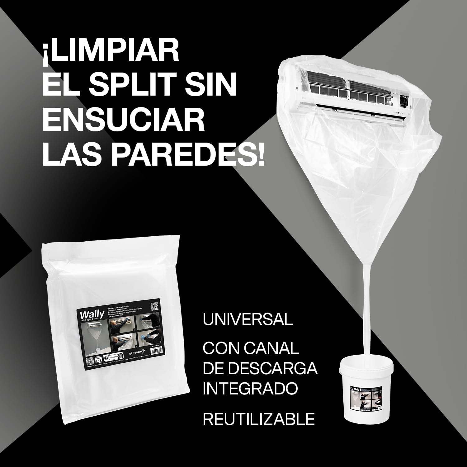 Errecom Kit Limpieza Y Desinfección A/C, Clima-Bact Detergente Desinfectante Biocida Registrado 1 L + Wally Funda Protección Split + A/C Tabs 40 Pastillas De Acción Prolongada