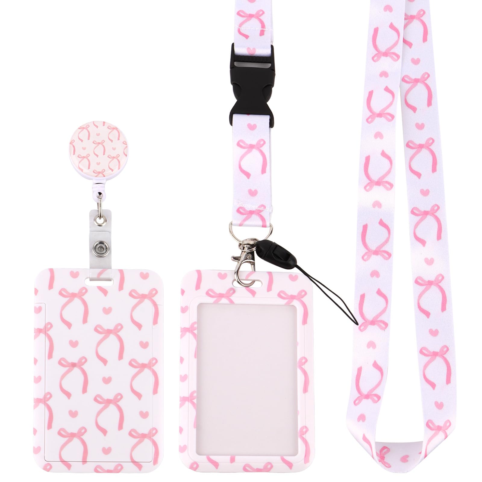 Norbiariz Pink Bow & Heart Print ID Card Holders Set with Lanyard & Retractable Badge Reel, Vertical & Horizontal Lanyard with Card Holder for Work & School