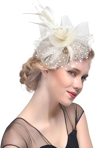 Tocado para fiesta de té para mujer, de malla, con forma de flor, velo de plumas de perla, tocado Kentucky Derby con diadema y clip