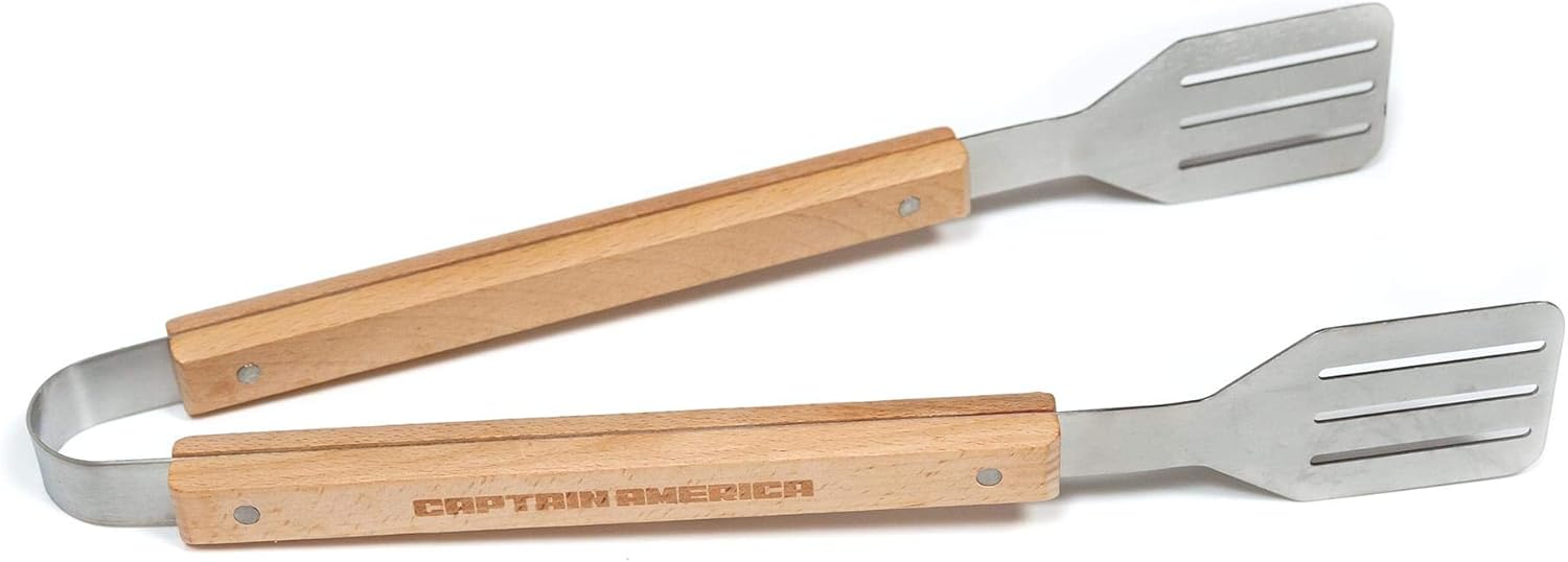 Marvel’s Captain America 3-Piece Outdoor BBQ Grill Utensil Set - Includes Stainless Steel Spatula, Fork & Tongs With 17" Sturdy Wooden Handles - Perfect Barbecue Accessory - Portable Grilling Tools