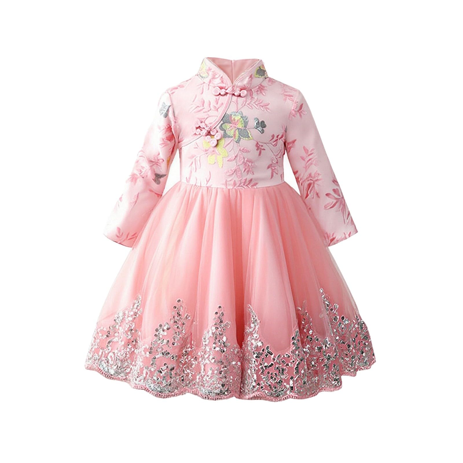 Chinesisches Kleid für Mädchen, Qipao, Blumenmuster, lange Ärmel, A-Linie, Neujahr, Geburtstag, Hochzeit, Cheongsam, Kinder, traditionelles Festival-Outfit