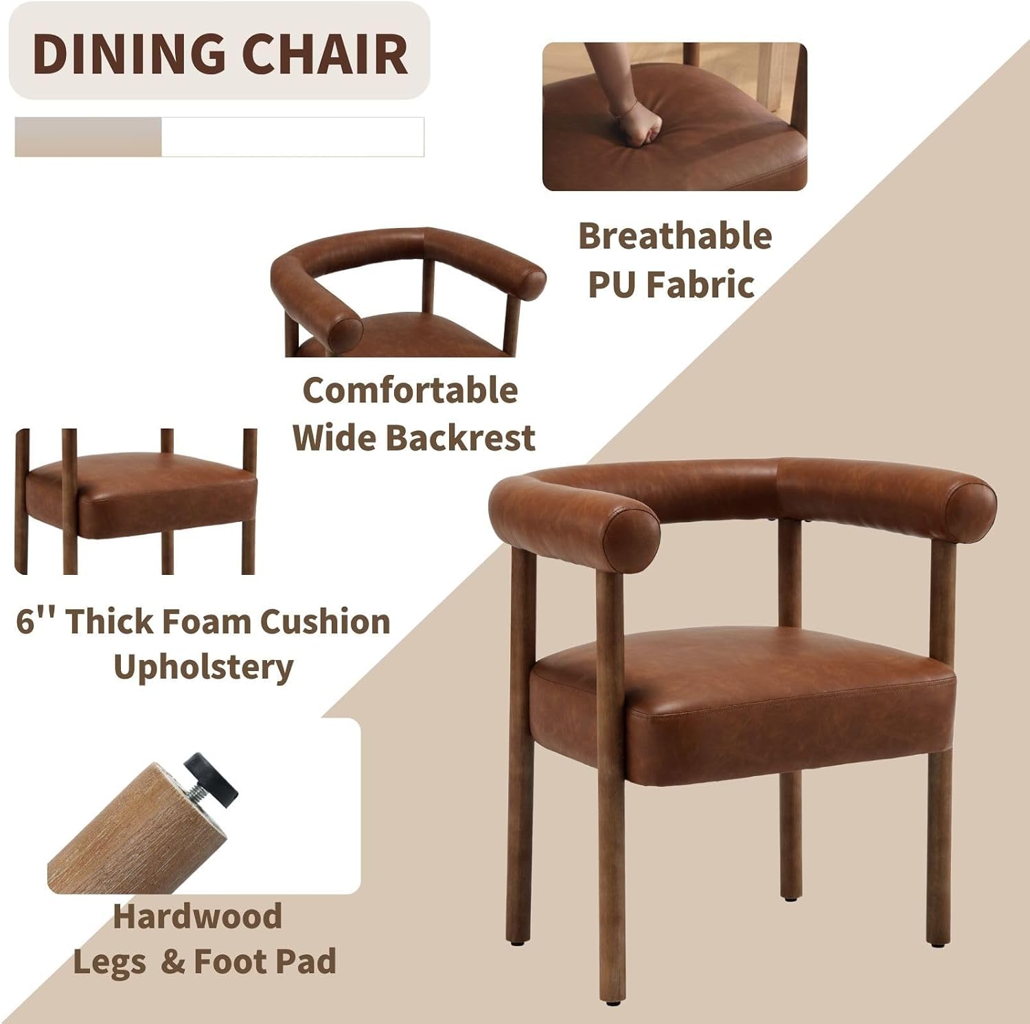 Mid Century Modern Barrel Dining Chairs Set of 2, Upholstered Kitchen & Dining Room Chairs with Arms, 21.75" Wide PU Leather Accent Chairs Side Chairs for Kitchen Living Room Bedroom, Brown