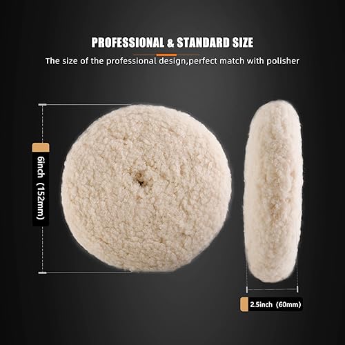 Miniatura 5 de SPTA Almohadilla de pulido de lana de 6 pulgadas (5.984 in), almohadilla de lana 100% natural de doble cara con hilo de 5/8-11 para corte compuesto