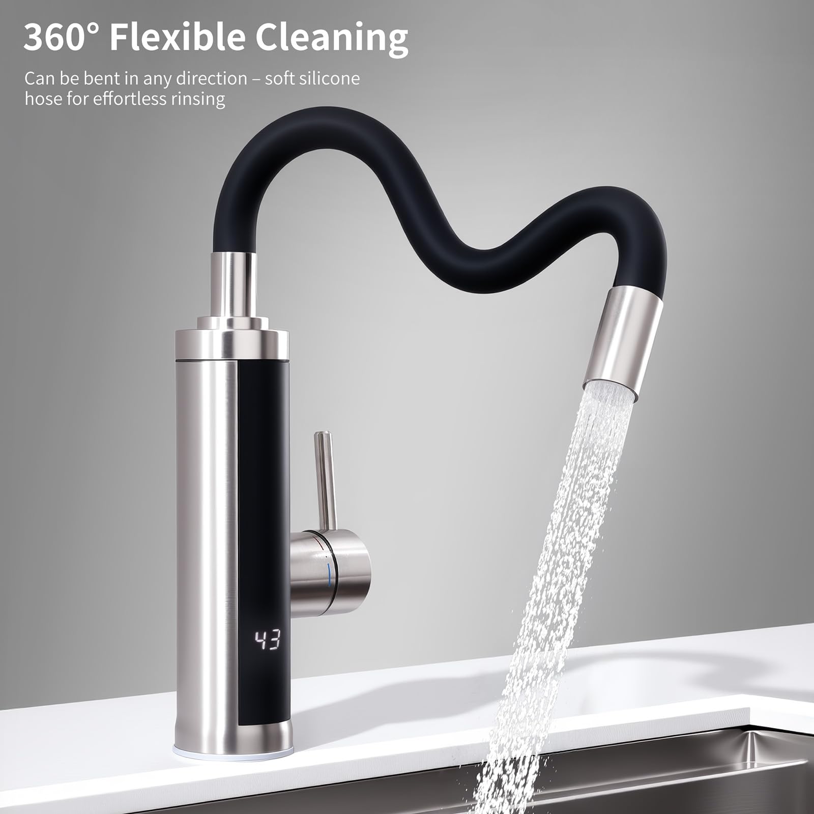 HOMELODY Wasserhahn mit Durchlauferhitzer 230V, 3300W Elektrischer Wasserhahn Sofort Heißes Küchenarmatur mit Flexibler Auslauf & LED-Display, Anti-Spritz Edelstahl Küchenarmatur, 360º Schwenkauslauf