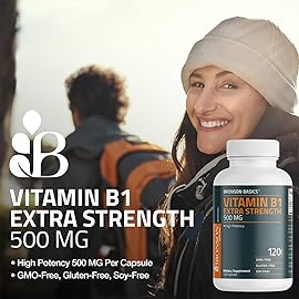 Bronson Vitamin B1 Extra Strength 500 MG High Potency Non-GMO, 60 Capsules