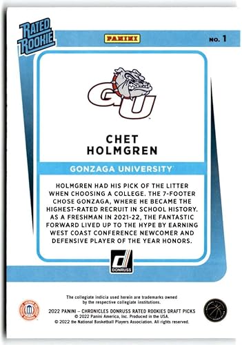 Miniatura 2 de 2022-23 Panini Chronicles Draft Picks Donruss Rated Rookies #1 Chet Holmgren Gonzaga Bulldogs RC Rookie Basketball Trading Card