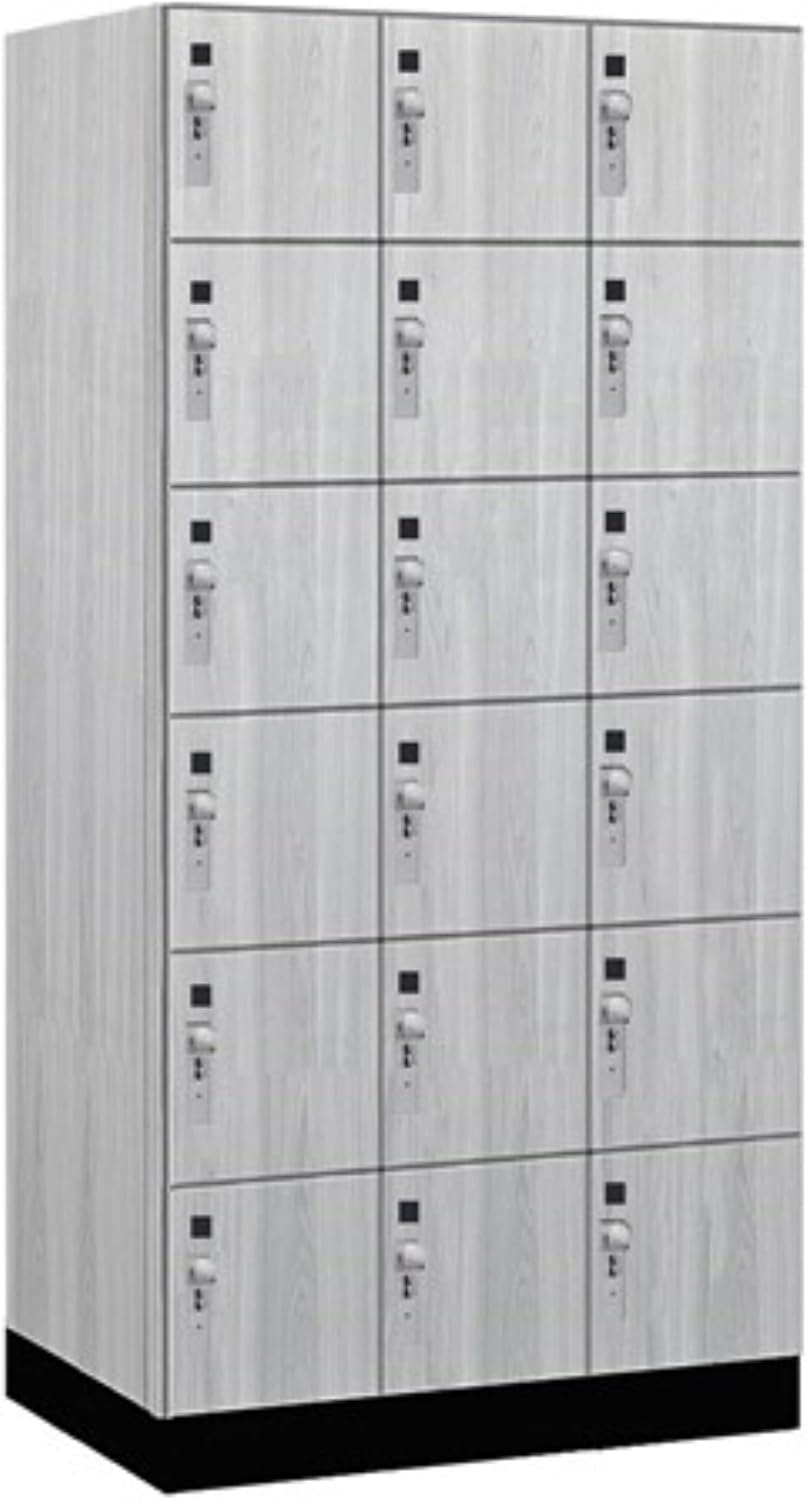 Salsbury 12" Wide Premier Wood Locker-Six Tier Box Style-3 Wide-6 Feet High-21 Deep-Silver Teak-Silver Hasps