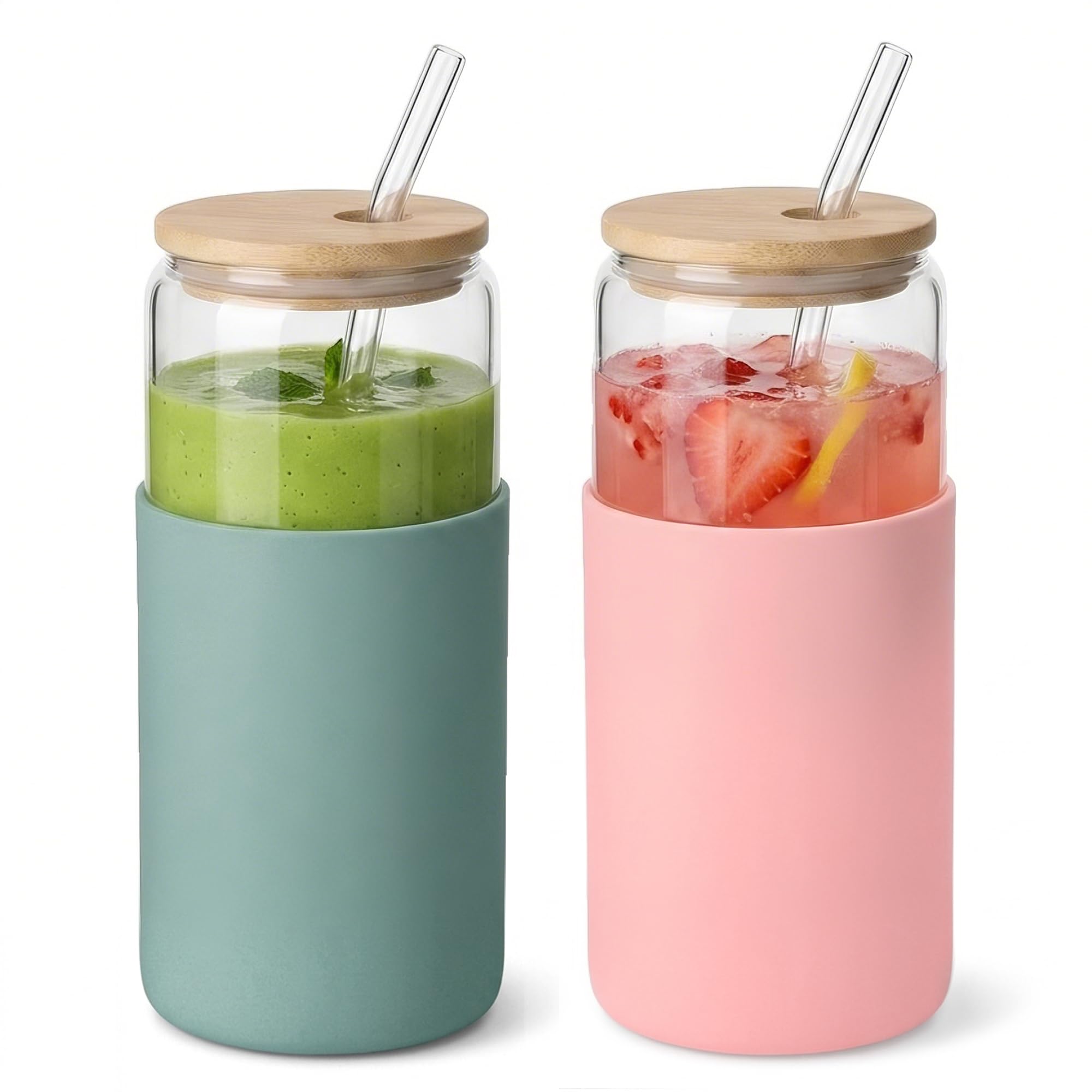 2 Pack Glass Tumbler with Silicone Sleeve & Bamboo Lid, 600ml Unbreakable Reusable Cup with Straw, Non-Slip Grip for Iced Coffee, Smoothies, Perfect for Travel, Office, Home Use