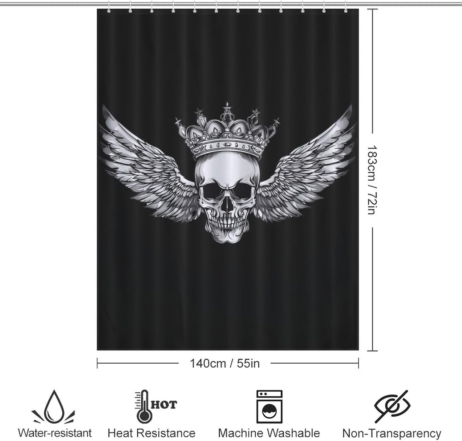 Skull and Wings Funny Shower Curtains Washable Bath Curtain Liner with Hooks for Bathroom Bath Tubs 55x72Inch（140x183cm）