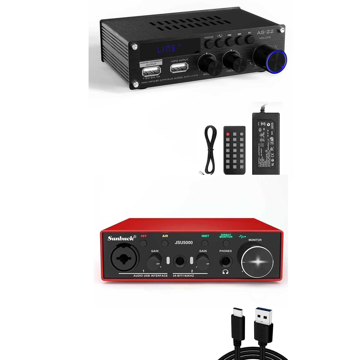 Sunbuck USB-C Audio Interface 24Bit/192kHz & Mini Amplifier, Stereo Receivers