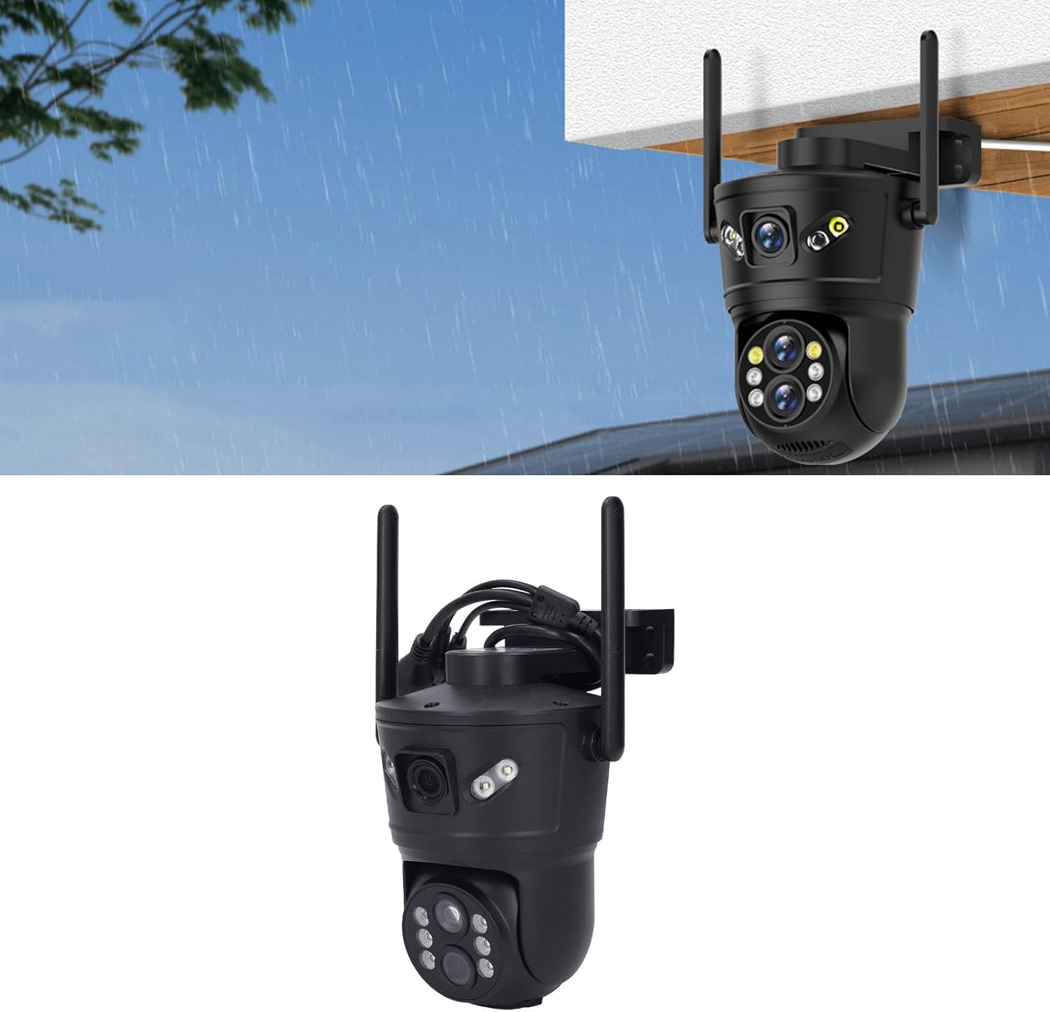 Outdoor security camera mounted under an eave, showing its position relative to a house.