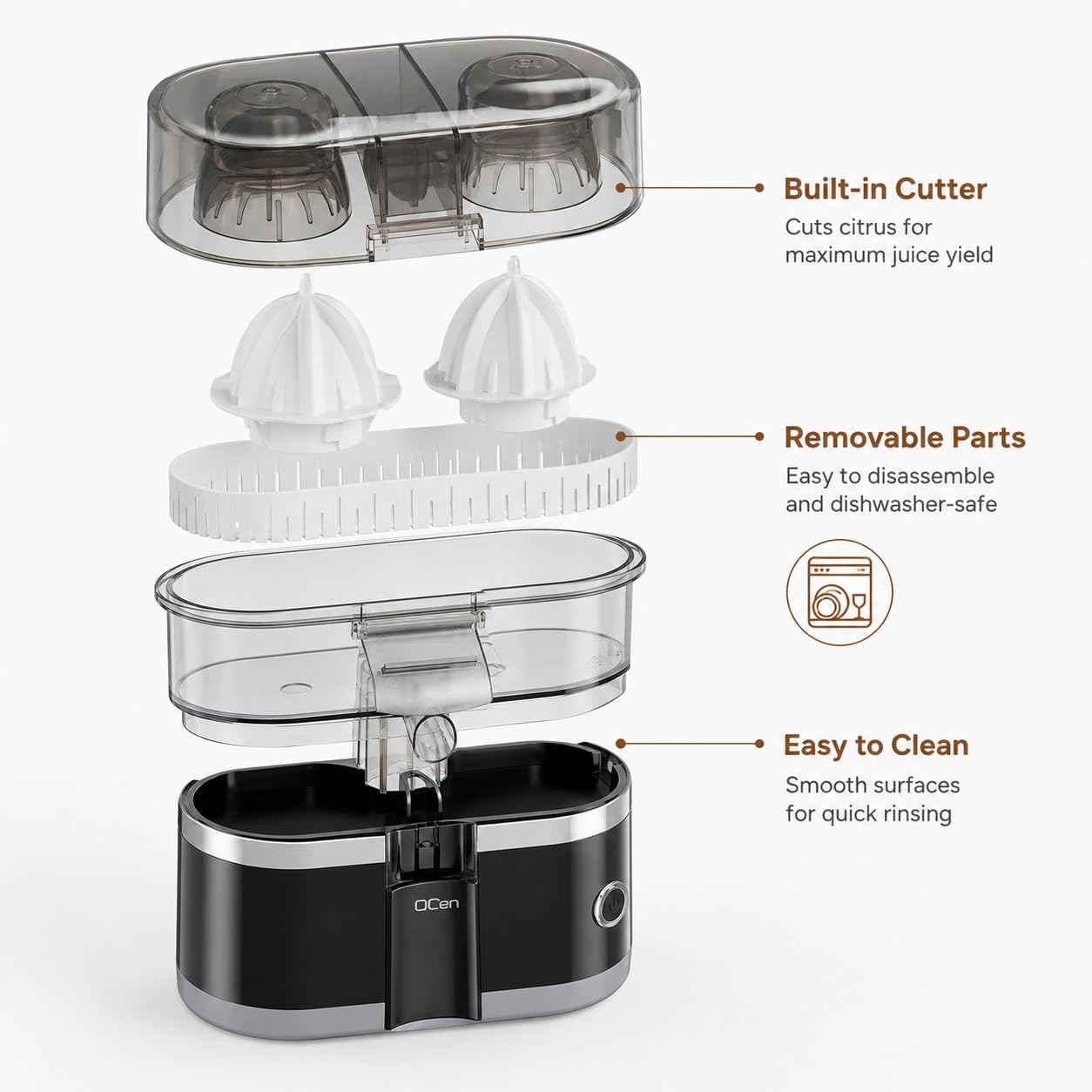 Exprimidor Eléctrico Doble de Cítricos, Prensa de Jugo de Naranja de 500 Ml | Acero Inoxidable, Desayunos Caseros, Prensa Doble, Cámara de 500 Ml, Tasa de Producción del 90 %, Piezas Aptas for Lavavajill