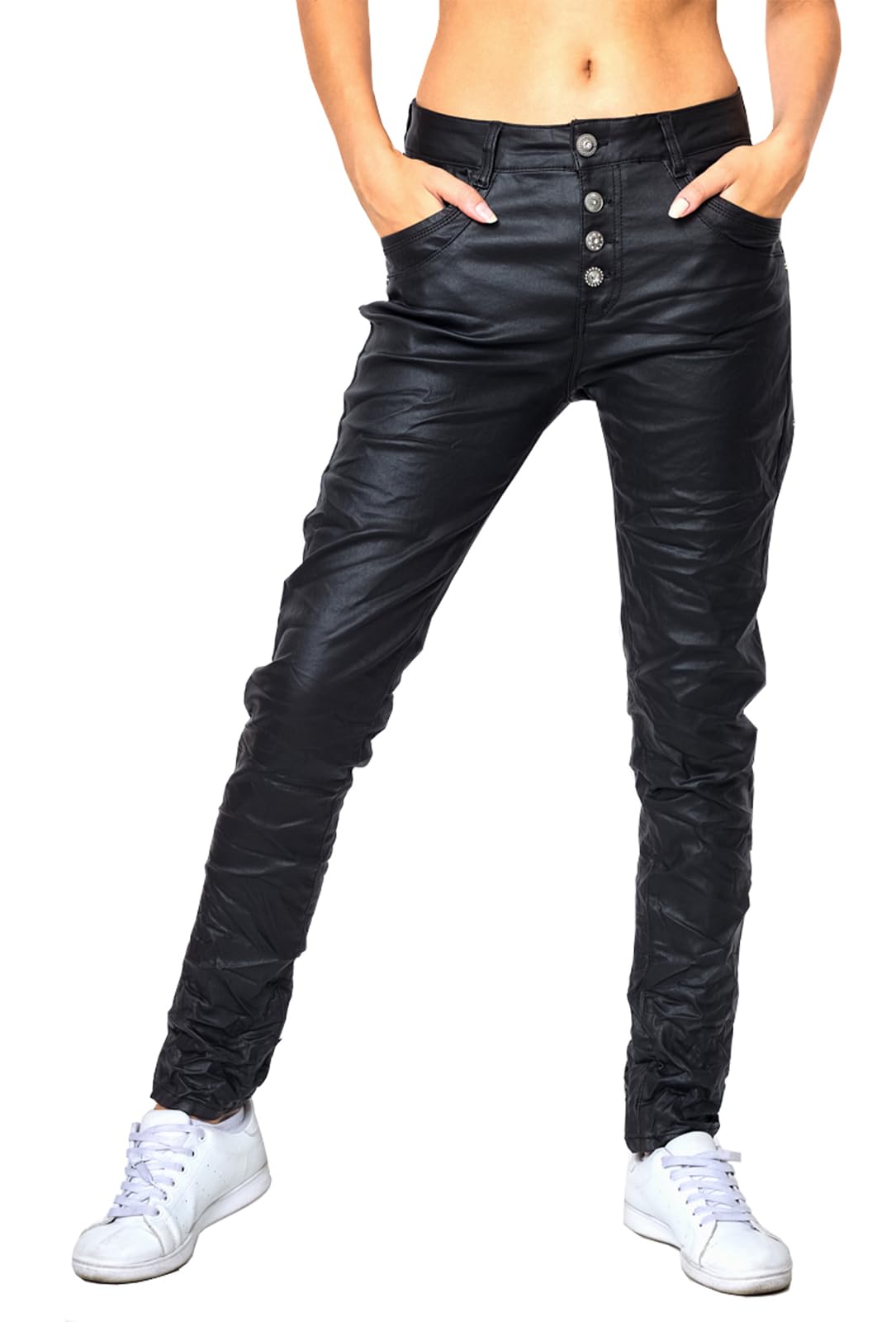 88063 Damen Röhrenhose Slimline Leder-Look Lederimitat Damenhose Wetlook Hose