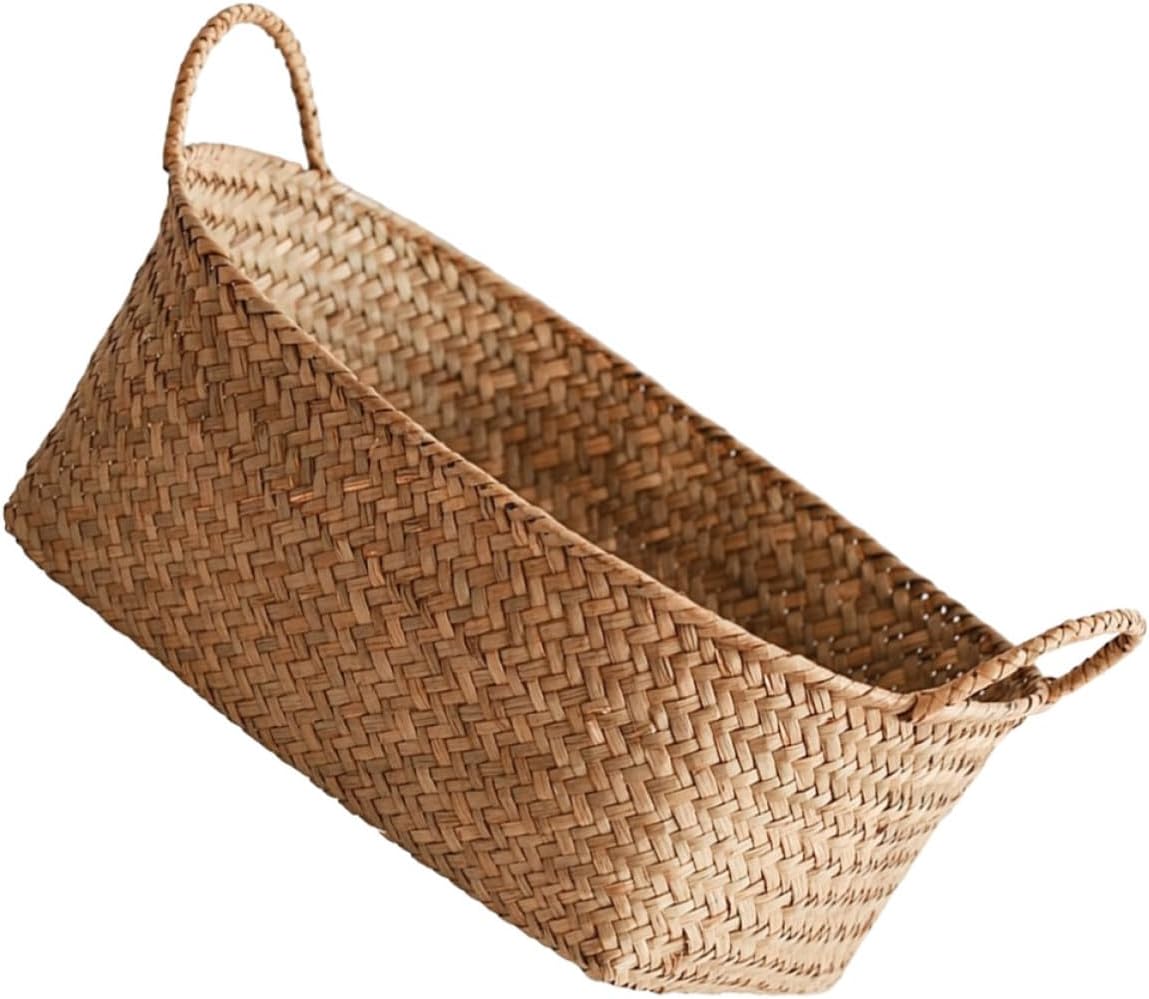 Woven Seagrass Storage Basket Khaki Color with Handle Portable Design with Iron Frame for Household Desktop Storage Suitable for Magazines and Cosmetics, for Home Organization