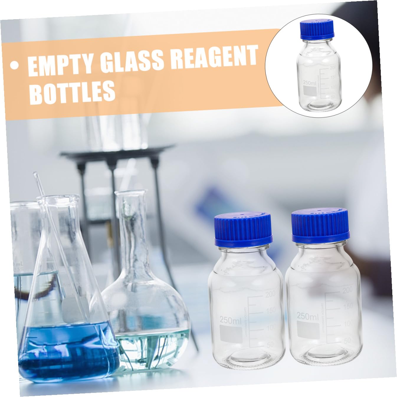 Set 4 Bottiglie di Vetro per Reagenti Blu con Tappo a Vite, Capacità 250ml, Resistenti a Rottura e Usura, per Laboratori e Applicazioni Didattiche