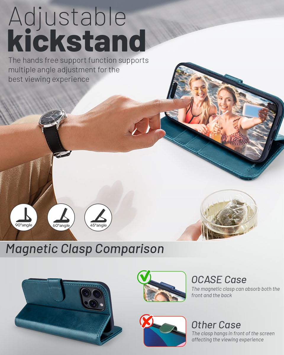 OCASE for iPhone 16 Pro Case, PU Leather Wallet, Magnetic Flip Folio Cover with RFID Blocking, Card Holders, Shockproof TPU - Image 4