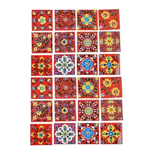 Artook Decor Blue Pottery Red Color Classic Home Decor Jaipuri Tiles 2 x 2 inch (Pack of 24)