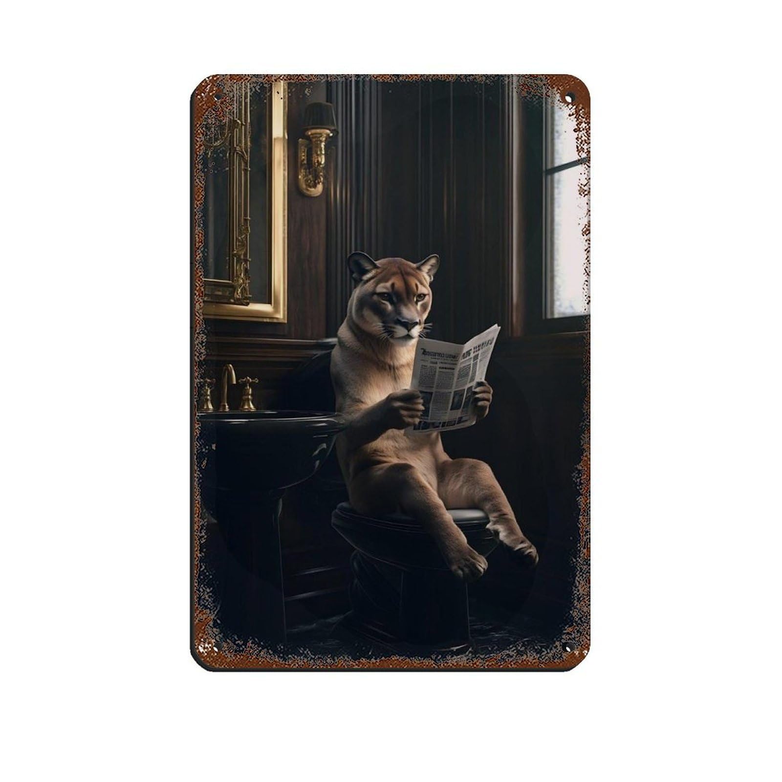 Funny Bathroom,Cougar Reading Newspaper Retro Poster Metal Tin Sign Chic Art Retro Iron Painting Bar People Cave Cafe Family Garage Poster Wall Decoration 8x12inch(20x30cm)
