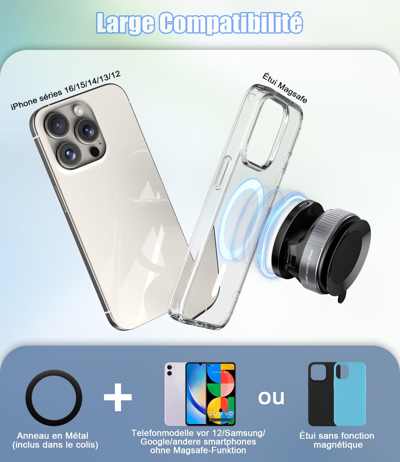 15W Support Telephone Voiture Induction [Ventouse Vide] [Pliable & Réglable 360°] Porte Téléphone Voiture Chargeur sans Fil Rapide pour MagSafe iPhone 17/16/15/14/13/12 séries