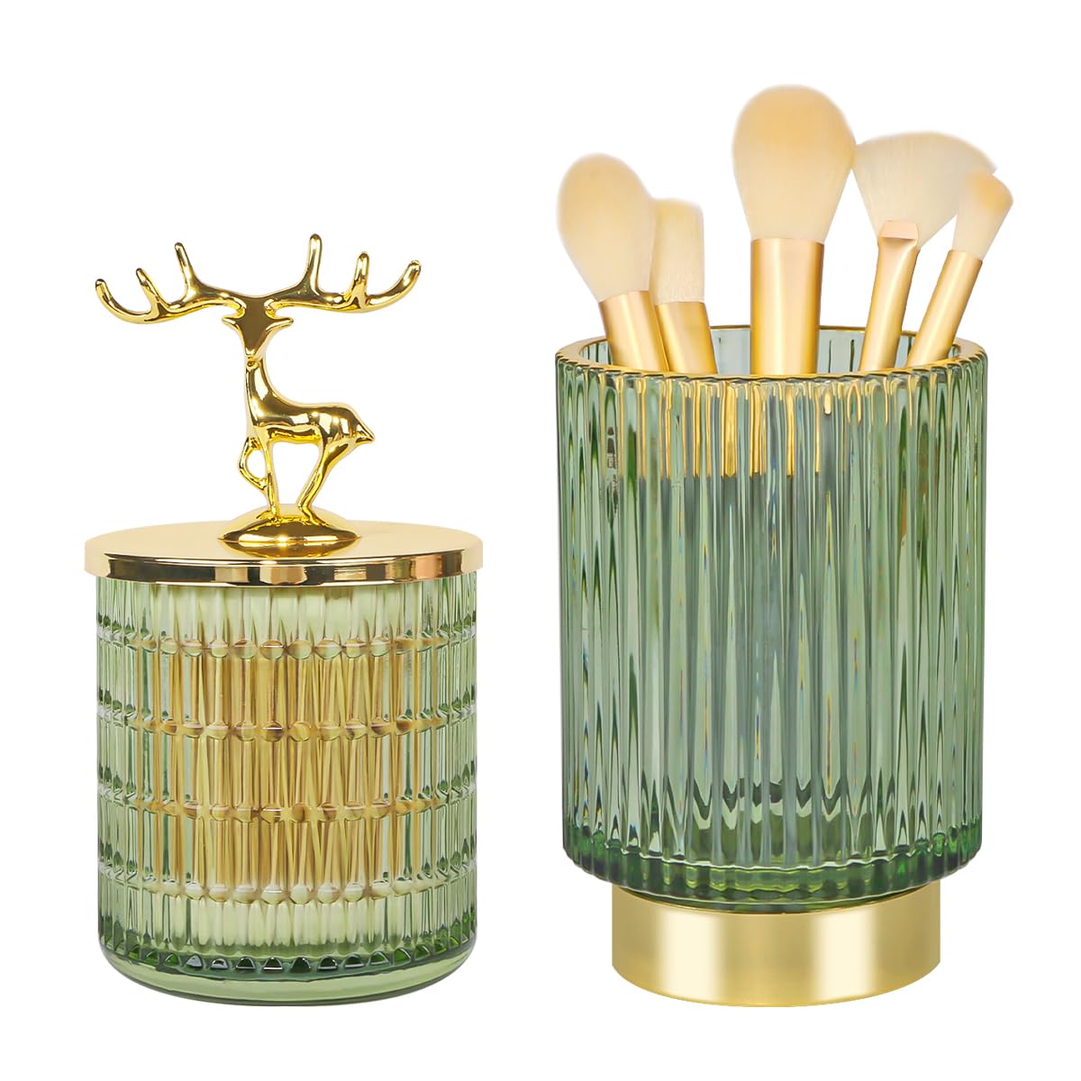 Tonxus Glass Makeup Brush Holder,Cute Apothecary Jars with Lids,Vintage Vanity Makeup Organizer Cup,Green Qtip Holder Container Storage Organizer for Cotton Swab,Ball,Pad,Round