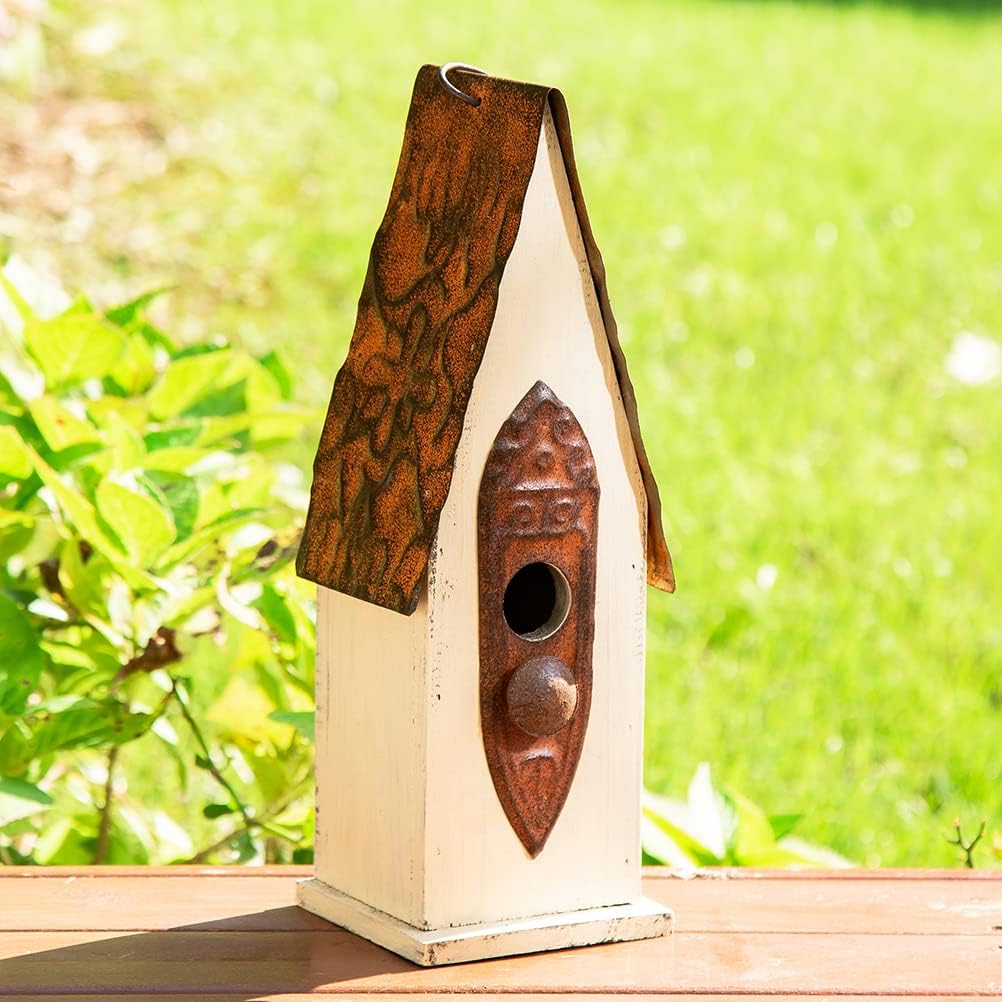 Glitzhome Bird Houses for Outside, Garden Hanging Birdhouse for Outdoors, 13.25" H Washed White Distressed Hand Painted Solid Wood Bird House for Bluebird Hummingbird Wren Finch Cardinals Cedar