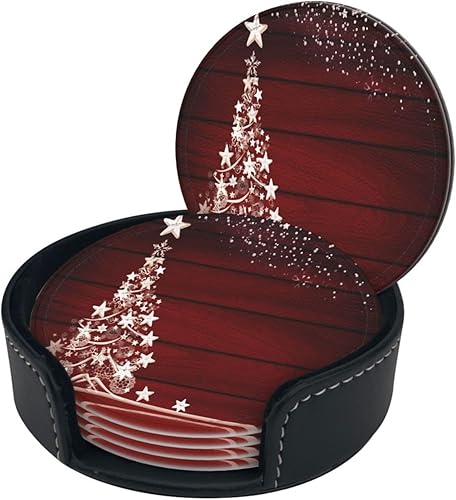 Miniatura 1 de Posavasos de madera para árbol de Navidad para bebidas, posavasos de cuero de Navidad con soporte, 6 unidades, juego de posavasos redondos para