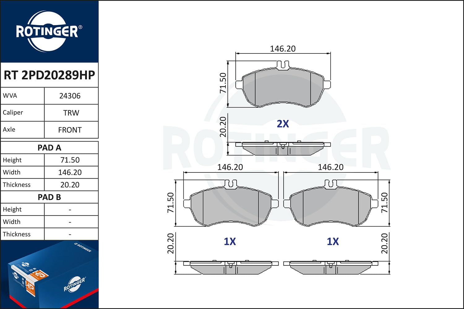 Klocki hamulcowe ROTINGER (Przód) RT 2PD20289HP, ECE R90, Komplet 4 sztuk