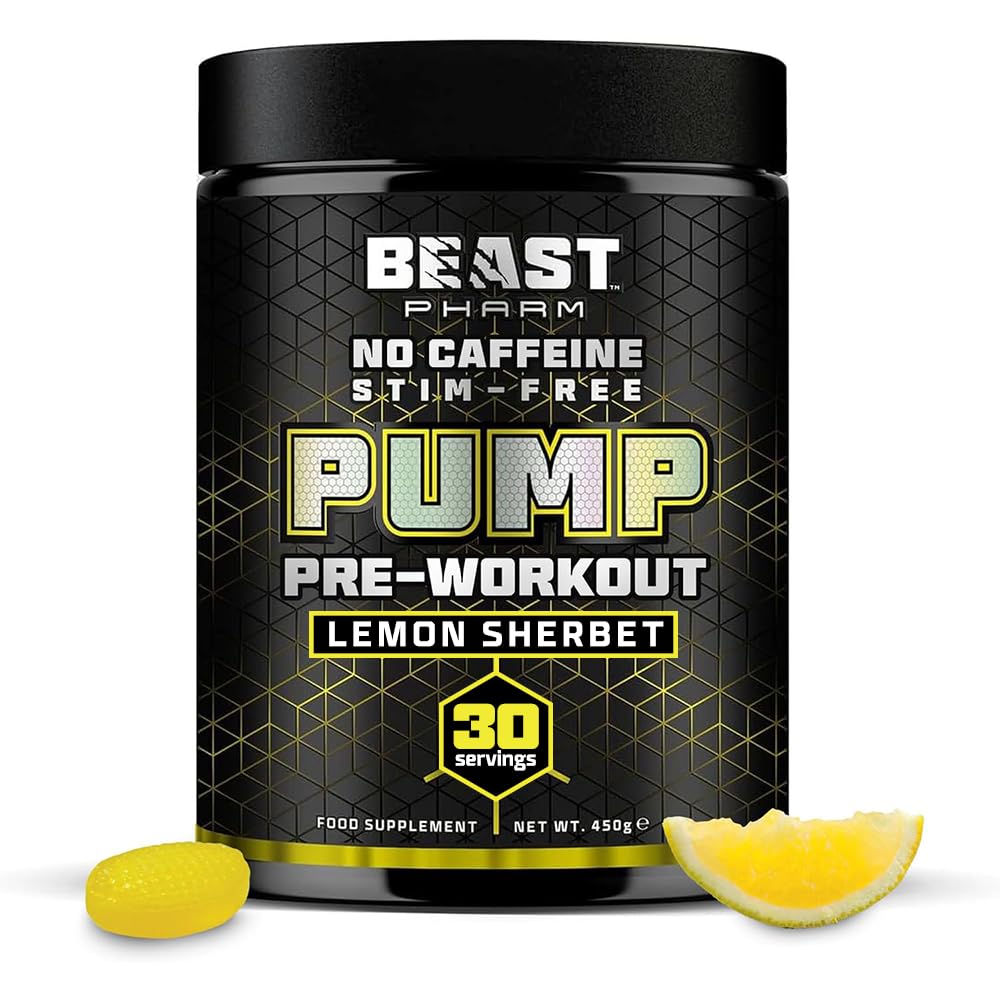 Beast Pump Non Stim Pre Workout Powder with L Citrulline - 30 Servings - Stim Free Zero Caffeine - Energy & Performance Preworkout - Lemon Sherbet