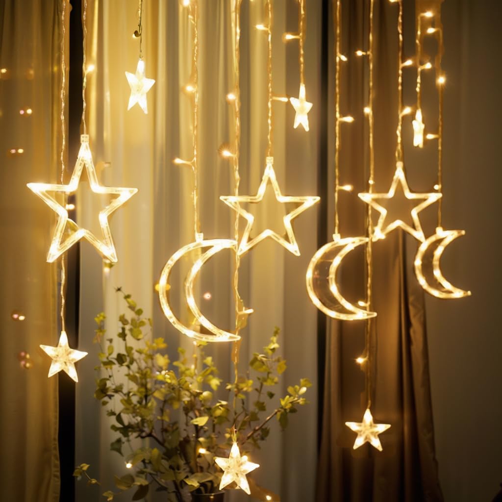 Fairy String LED Lights, Stars and Moon Window Curtain Lights Battery Powered, 3.5m/11.5ft 138 LED Indoor Outdoor Ramadan Christmas Festival Party Garden Home Birthday Decoration Light, Warm White