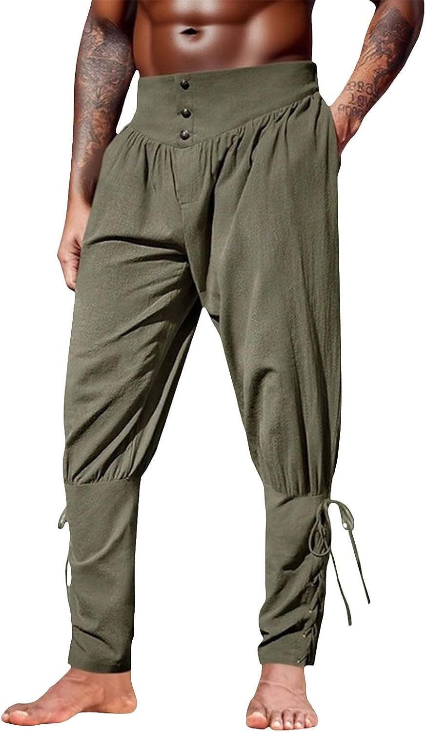 Men's Ankle Banded Pants Medieval Viking Navigator Pirate Costume Baggy Elastic Button Waist Yoga Beach Linen Pant
