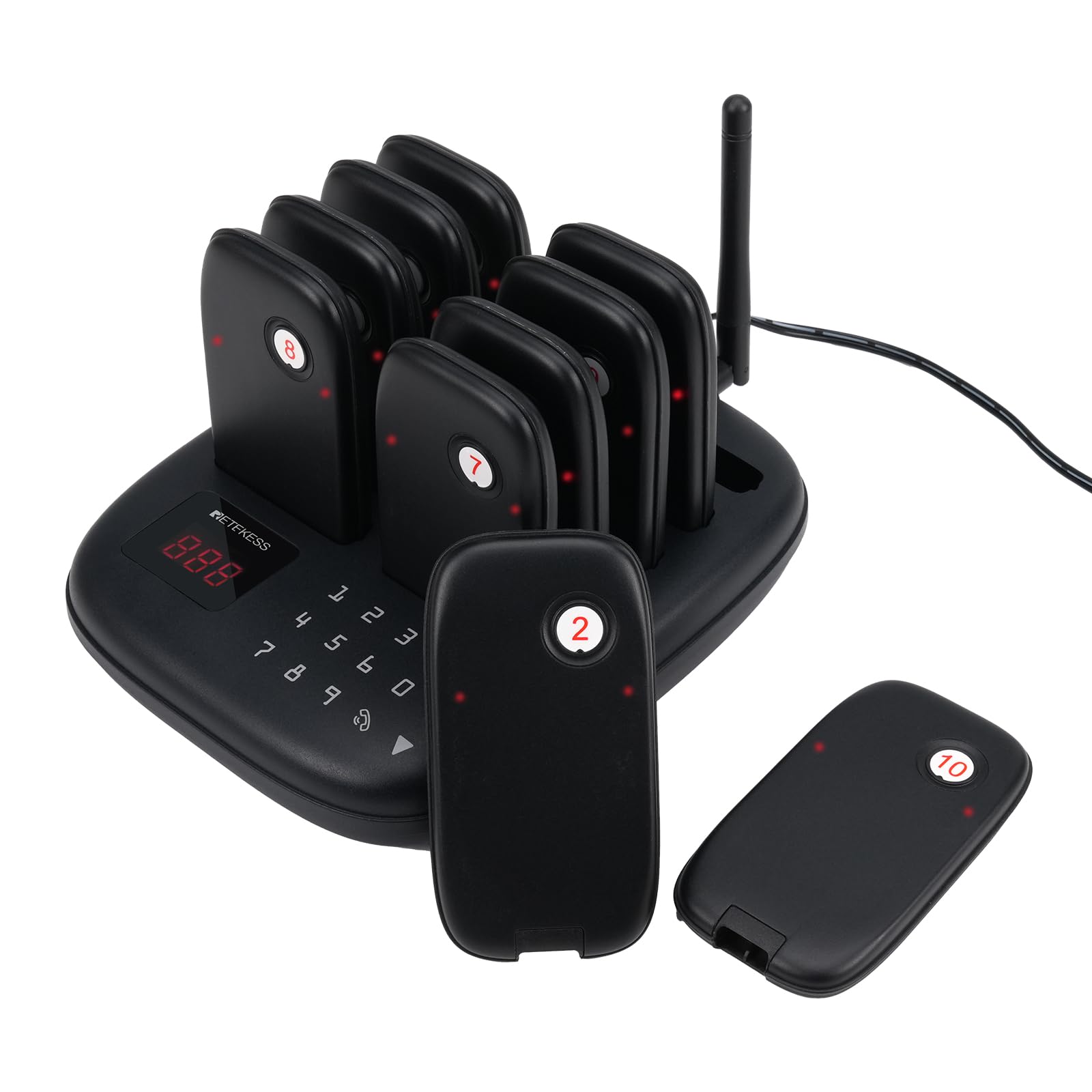 Retekess TD175S Buscapersonas Rufsystem, Sistema de Buscapersonas para Restaurante, Exterior 800m, 7 Modos de Llamada con Vibración, Botón Táctil Fácil de Limpiar, para Coches Comedor (10 pagers)