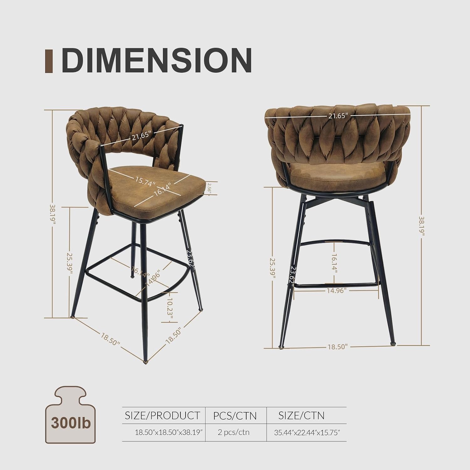 Sillas para Barra De Cocina,Bancos para Barra De Cocina,Set of 2 Black Leather Woven Bar Stools with 360 Swivel, Kitchen Bar Chairs with Backrest and Footrest (Brown)