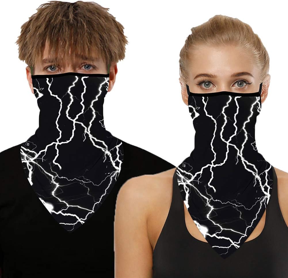 Neck Gaiter with Ear Loops, Bandana Face Mask Scarf Mouth Cover Balaclava Sun Dust Protection for Women Men Outdoor #01 Lightning Black