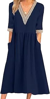 Floral Midi Dress for Women 3/4 Sleeves Summer Flowy Linen Dresses Loose Casual Lace Boho Sundress with Pockets