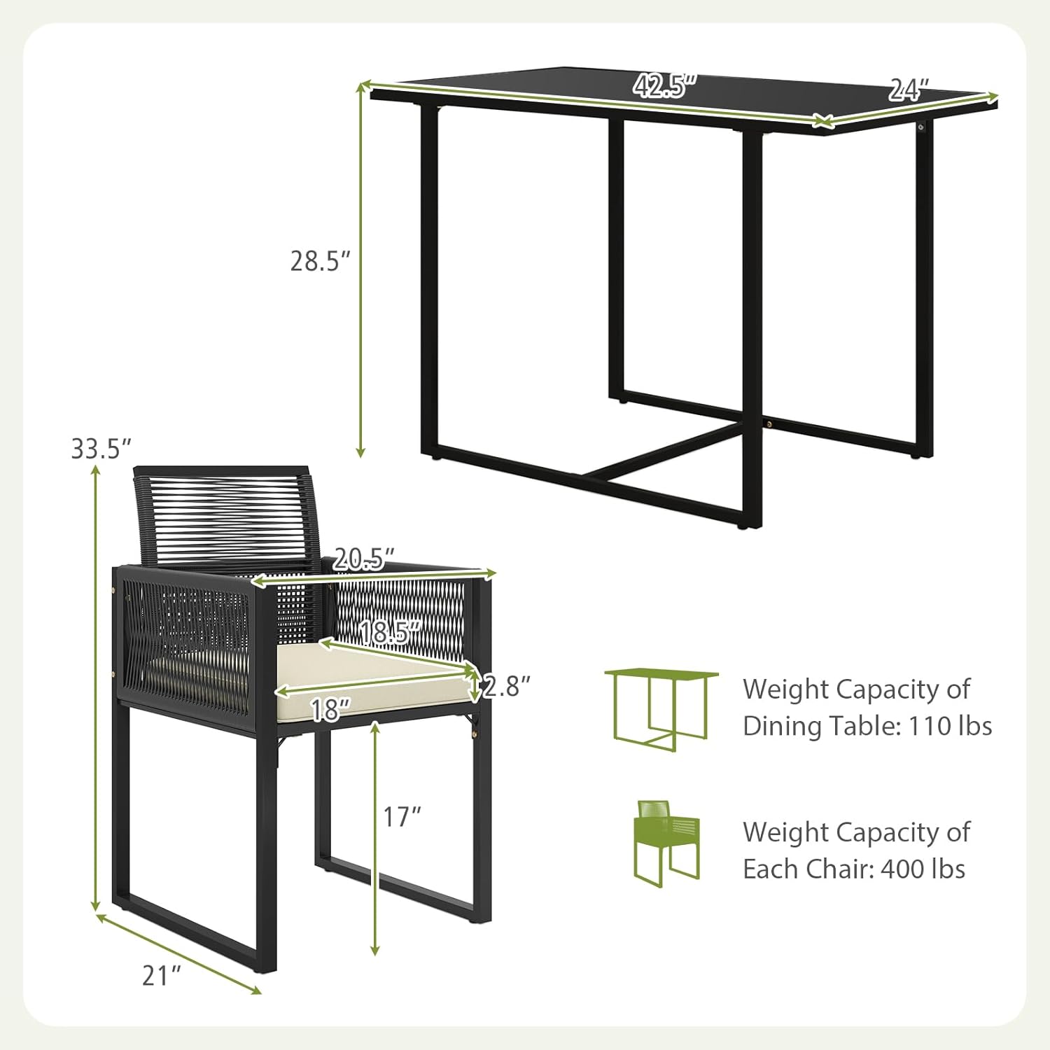 HAPPYGRILL 3 Pieces Patio Dining Table Set, Outdoor Rectangular Dining Table & 2 PE Rattan Chairs w/Tempered Glass Tabletop, Foldable Backrests, Space-Saving Dining Set for Backyard, Poolside, Garden