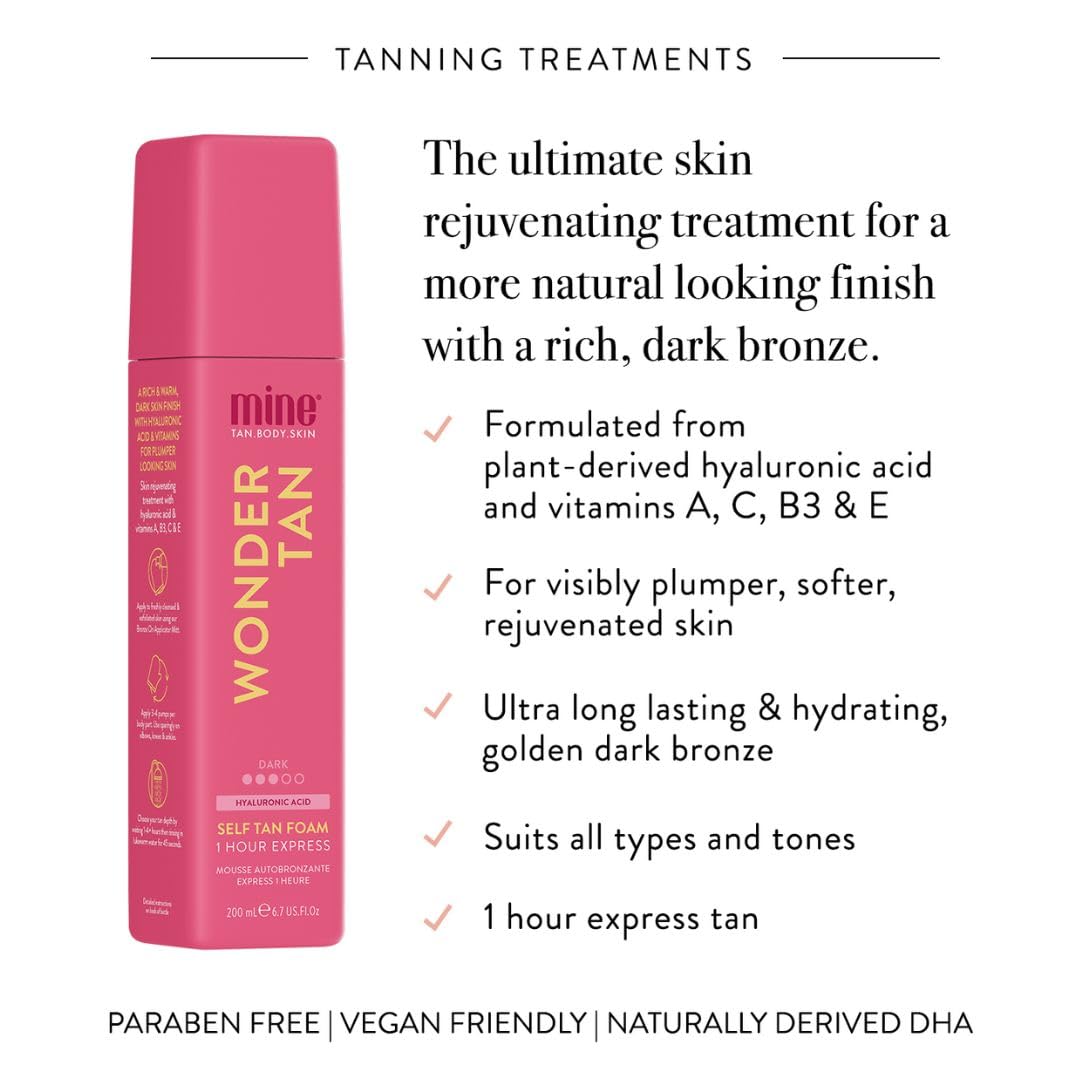 MineTan Wonder Tan Mousse autobronzante | Collection de traitements de bronzage – 1 heure Instant Express, fausse mousse bronzante pour le visage et le corps, finition riche et chaude marron foncé
